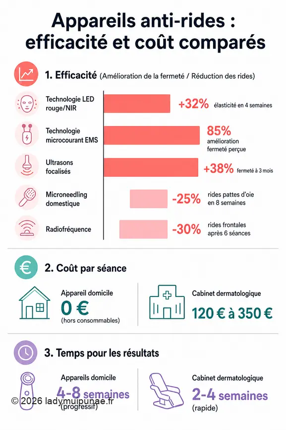 Comparaison chiffrée de l'efficacité, du coût et du temps de résultat des appareils anti-rides à domicile versus en cabinet.