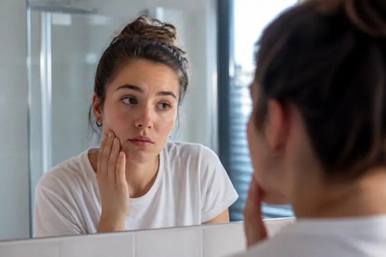 Une jeune femme française examine sa peau avec inquiétude dans le miroir de sa salle de bain, soulignant le besoin de soins adaptés.