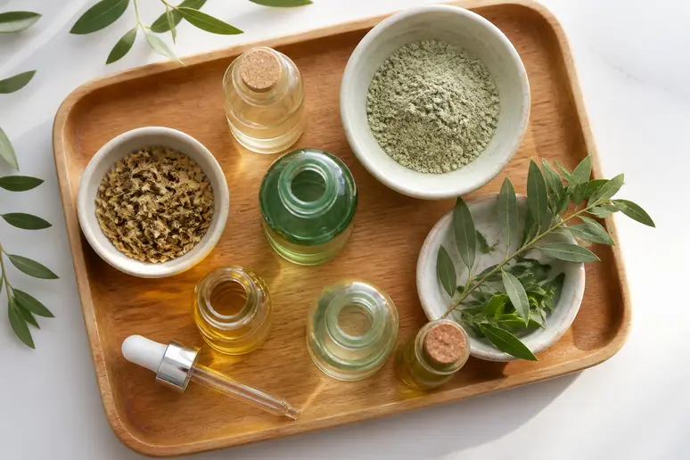 Présentation soignée d'huiles naturelles, d'extraits de plantes et d'argile verte, suggérant des remèdes doux pour la peau.