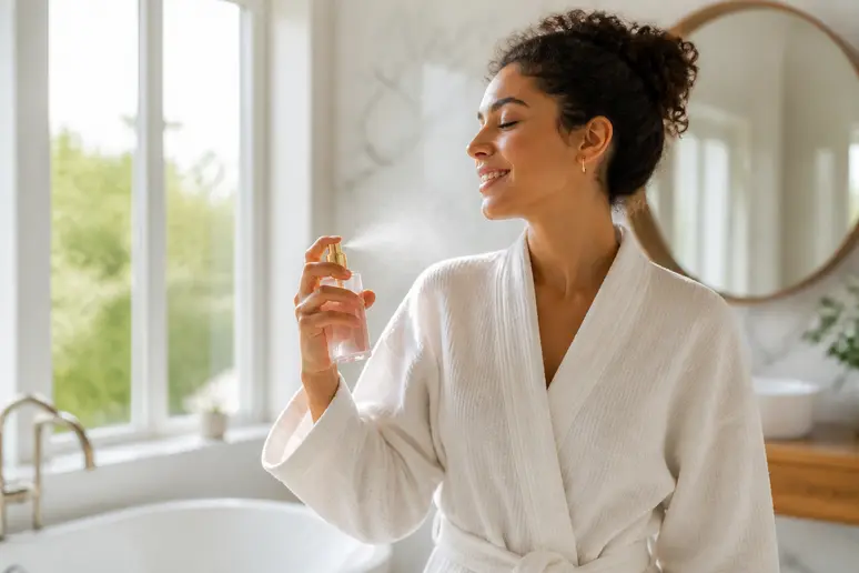 Femme utilisant une brume parfumée dans une salle de bain lumineuse, capturant l'idée d'une application quotidienne agréable.