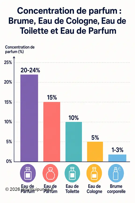 Comparaison visuelle des concentrations de parfum dans les brumes, eaux de Cologne, eaux de toilette et eaux de parfum.