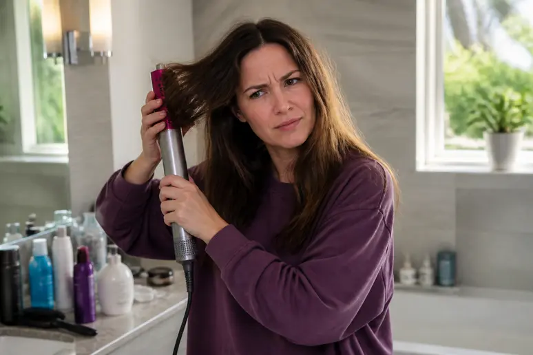 Une femme aux cheveux mi-longs essaie de maîtriser la prise en main du Dyson Airwrap, visiblement frustrée par quelques frisottis rebelles ce matin-là.