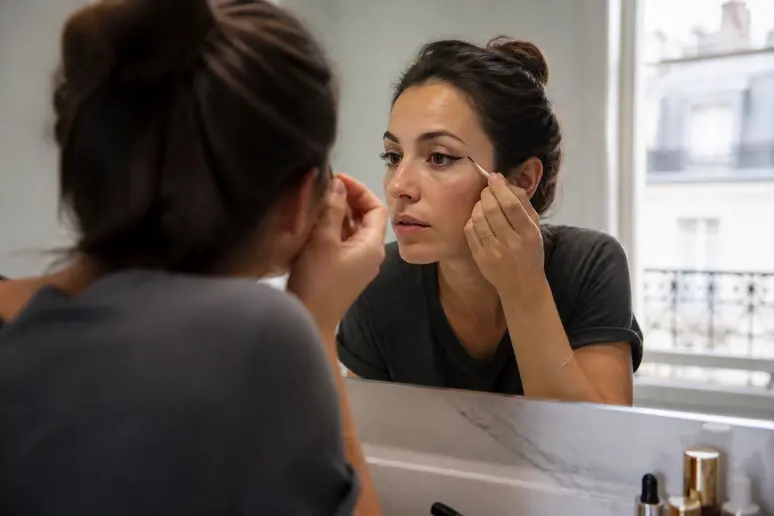 Une Parisienne applique de l'eyeliner avec précision dans sa salle de bain, visant à accentuer son regard.