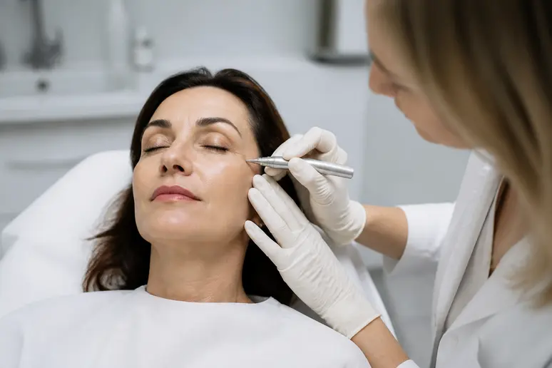 Une dermatologue qualifiée réalise une procédure esthétique subtile sur le visage d'une patiente dans une clinique moderne.
