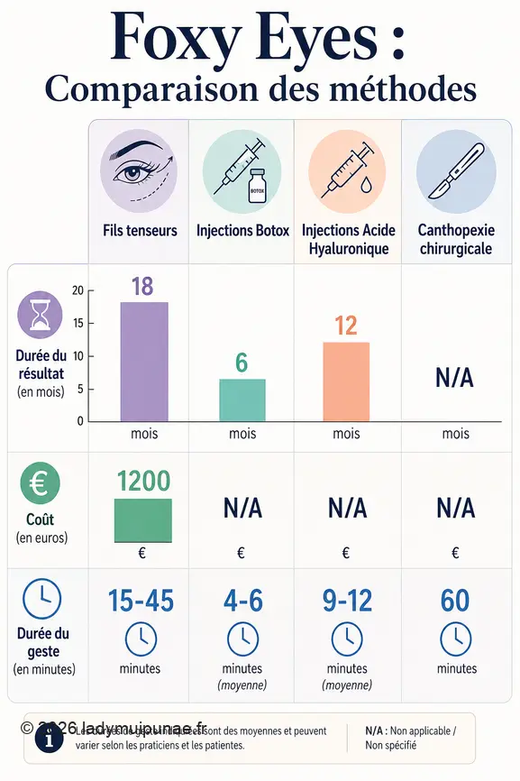 Comparaison visuelle des durées, coûts et temps de réalisation des différentes méthodes pour obtenir le regard Foxy Eyes.