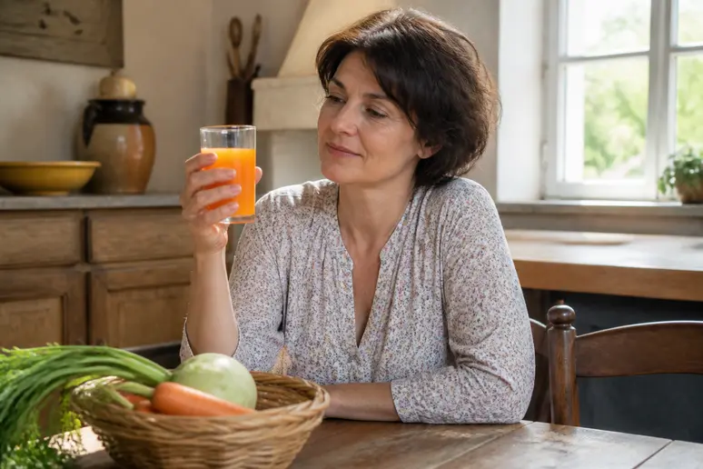 Une femme française souriante tient un verre de jus de carotte à la lumière du matin dans une cuisine rustique.