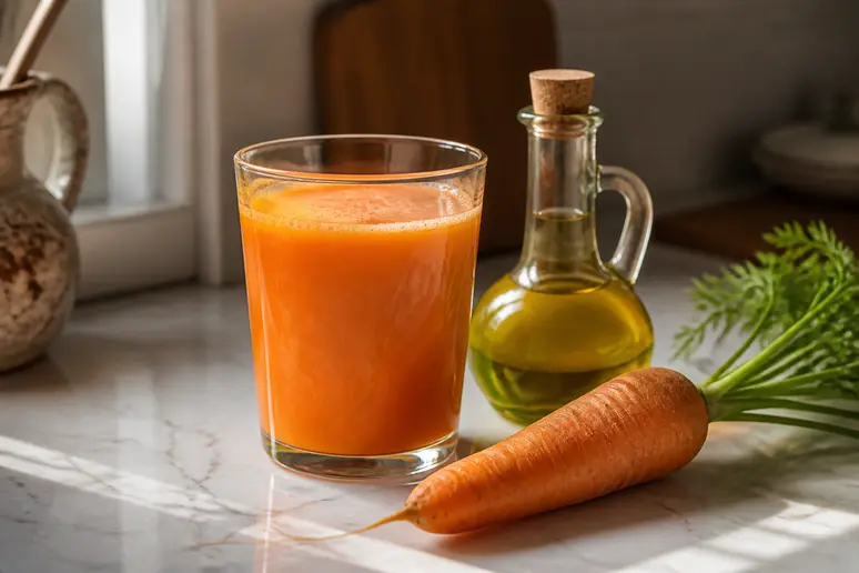 Un verre de jus de carotte frais avec une touche d'huile d'olive et une carotte, prêt à être consommé.