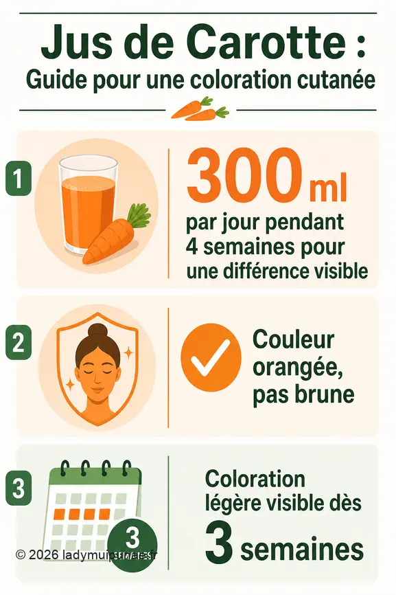 Infographie résumant la consommation de jus de carotte pour modifier la couleur de peau et ses effets.