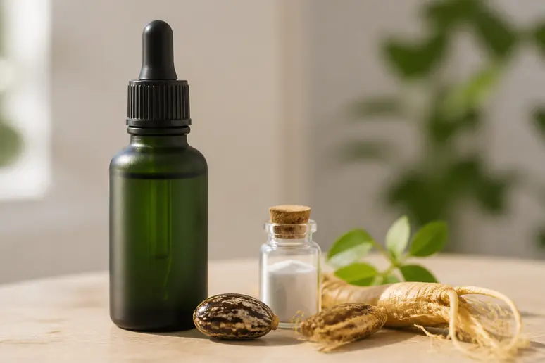 La formule du sérum Luxéol Sérum Pousse mise en avant avec ses ingrédients clés, tels que l'huile de ricin et le ginseng, dans une présentation soignée.