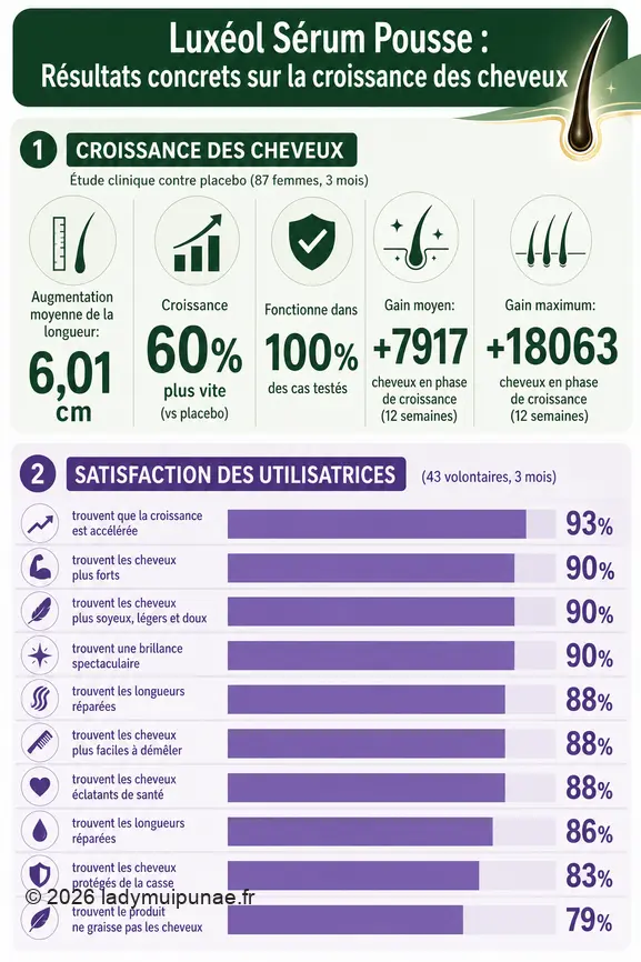 Infographie montrant l'augmentation de la longueur et de la densité des cheveux grâce au sérum Luxéol.