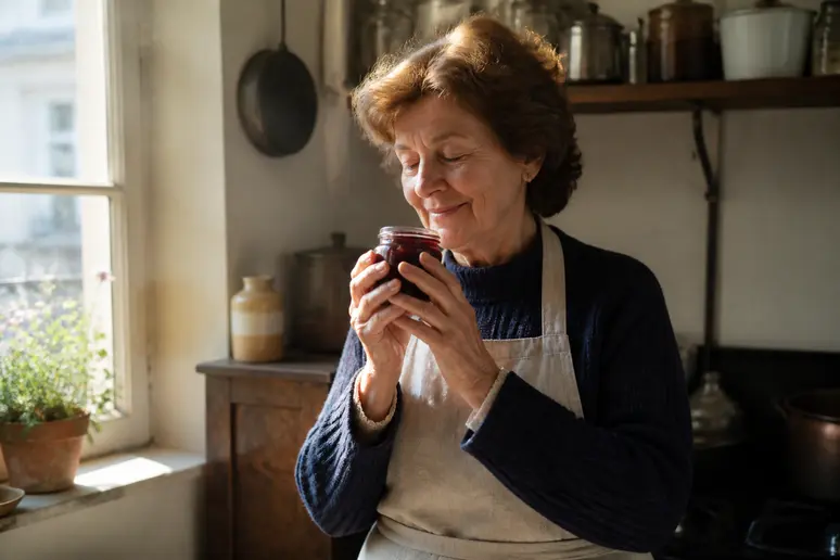 Une grand-mère parisienne savoure un arôme familier, revivant des émotions précieuses de son enfance dans sa cuisine lumineuse.