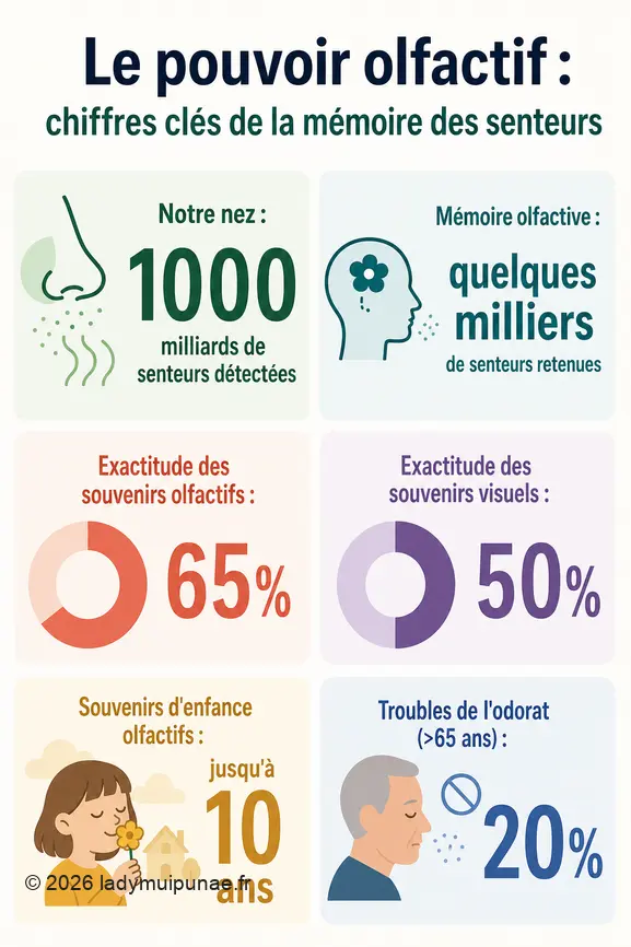 Infographie présentant la capacité du nez, la rétention de la mémoire olfactive et son exactitude comparée au visuel.