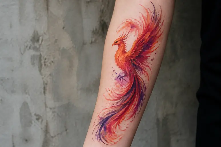 Gros plan sur un avant-bras avec un tatouage phénix coloré dans un style aquarelle, évoquant la renaissance et l'expression artistique.