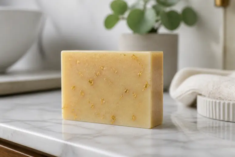 Gros plan sur un savon artisanal 'Goutte d'Or' à Paris, mettant en avant sa texture et ses reflets dorés.