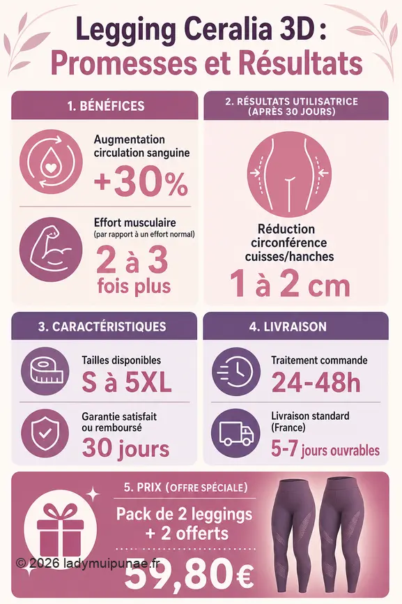 Infographie présentant les bénéfices, les résultats observés et les caractéristiques du legging Ceralia 3D, incluant prix et délais de livraison.
