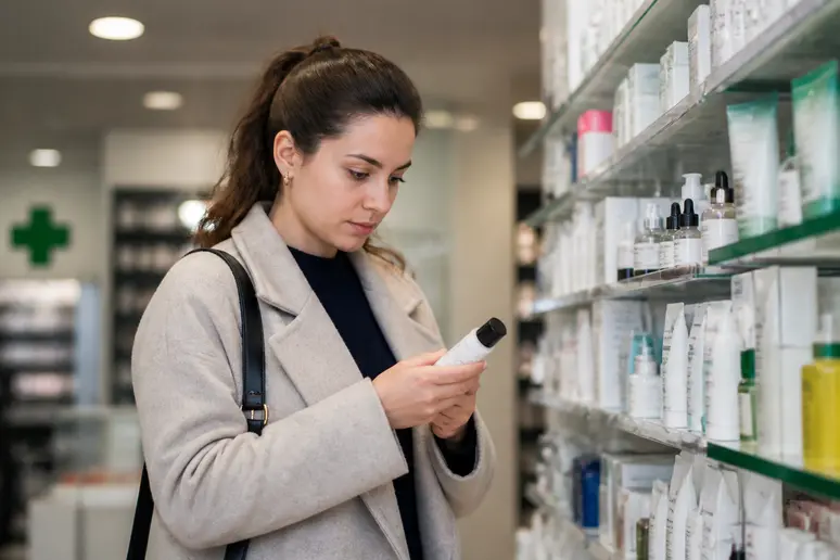 Une jeune femme examine attentivement un produit de soin dans une pharmacie française, cherchant à comprendre ses bienfaits potentiels.