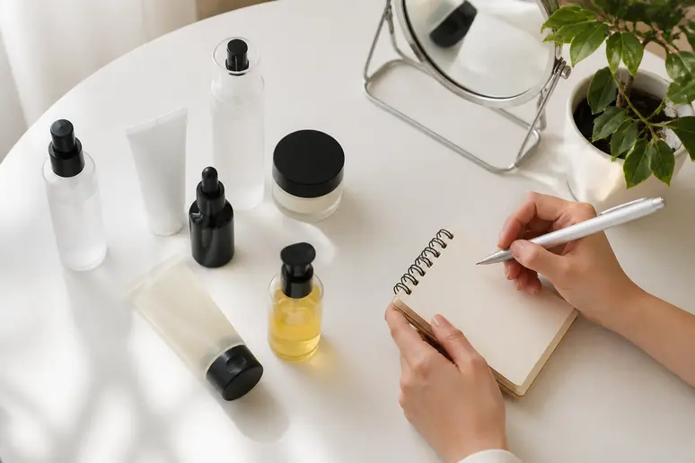 Une vue plongeante de produits COSRX sur une coiffeuse, avec des mains tenant un carnet, suggérant une sélection personnalisée selon les besoins cutanés.
