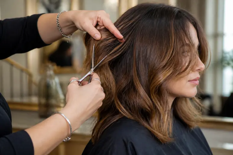 Des mains expertes d'un coiffeur réalisent un dégradé sur des cheveux mi-longs et ondulés pour maximiser leur volume naturel.
