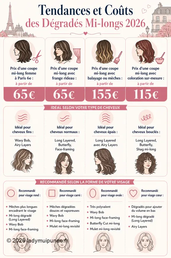 Comparaison des prix et des styles de dégradés mi-longs pour 2026, incluant des recommandations pour formes de visage et types de cheveux.