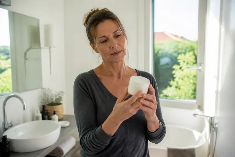 Une femme réfléchit aux causes de la perte de fermeté de son buste en tenant sa creme-buste-raffermissante.