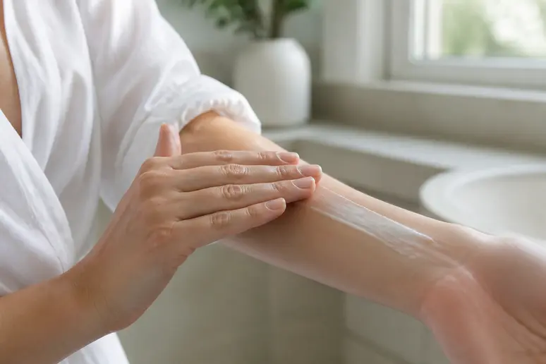 Des mains appliquent délicatement une crème hydratante sur la peau après une épilation, pour apaiser et nourrir.