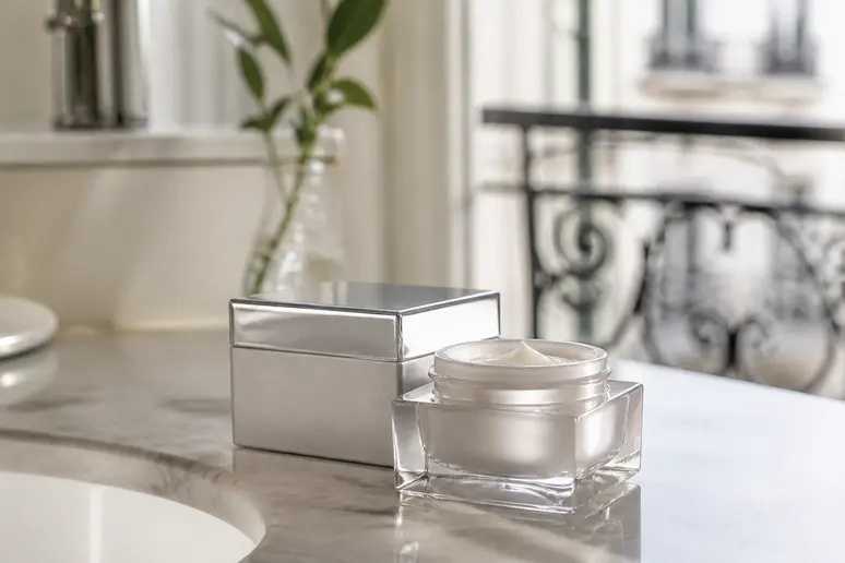 Le pot de crème Filorga Time-Filler, élégamment présenté, avec son packaging, sur un meuble de salle de bain moderne en France.