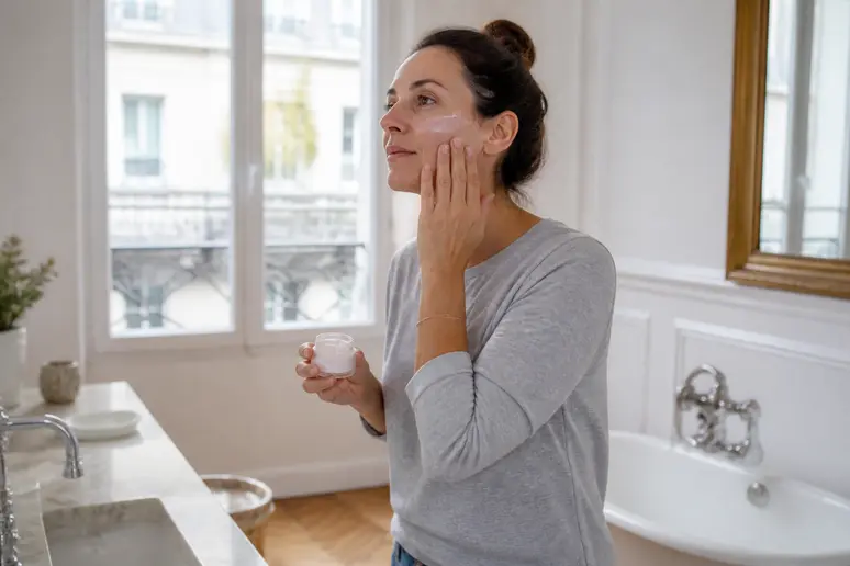 Une femme applique avec soin la crème Filorga Time-Filler sur son visage dans sa salle de bain, dans un cadre lumineux.