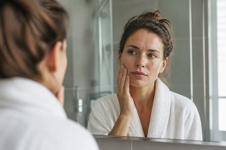 Femme française observant sa peau sèche au miroir, préoccupée par le fond-de-teint-zones-seches.