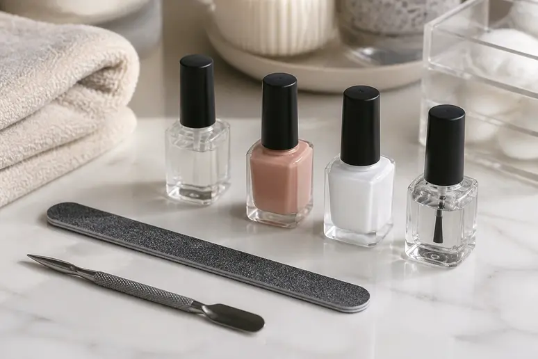 Matériel essentiel pour une French amande maison : lime, vernis nude, blanc et top coat.