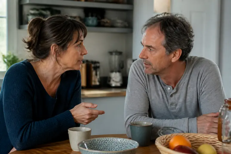 Un couple français discute calmement à table, abordant la communication face à un homme-trop-etouffant.