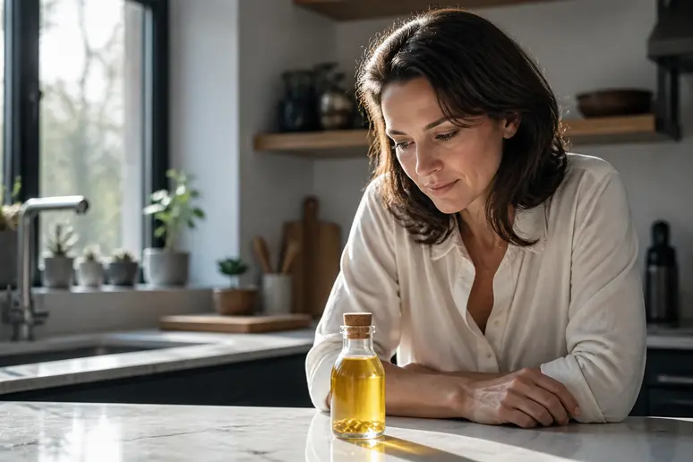 Femme française examinant une bouteille d'huile de foie de morue, symbolisant l'étude de ses nutriments.