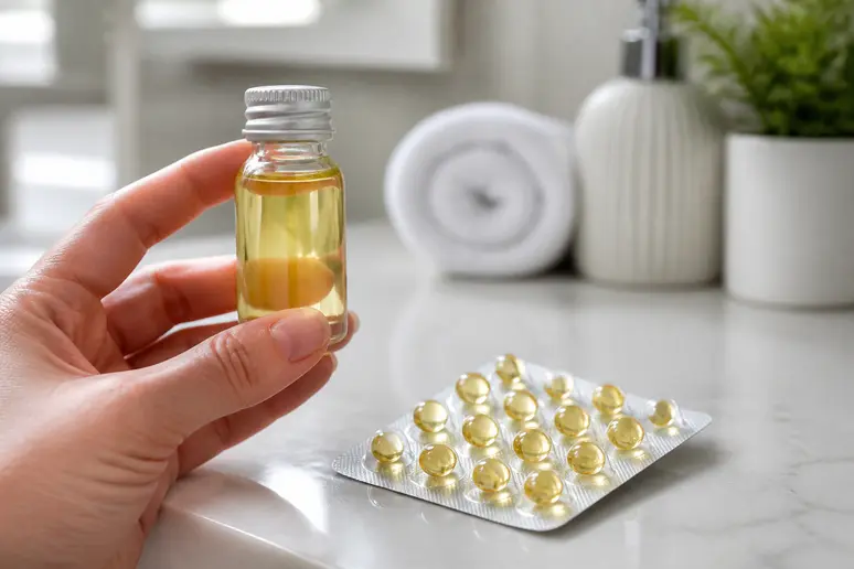 Gros plan sur des formes d'huile de foie de morue : liquide et capsules, pour un choix éclairé.