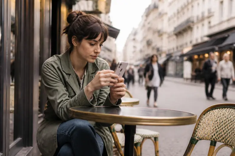 Jeune femme à Paris consultant son smartphone sur une terrasse de café, découvrant iemmafashion.
