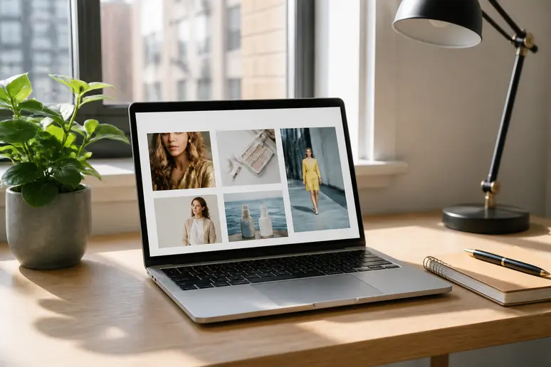 Bureau lumineux avec ordinateur affichant le contenu iemmafashion, illustrant l'approche moderne du blog.
