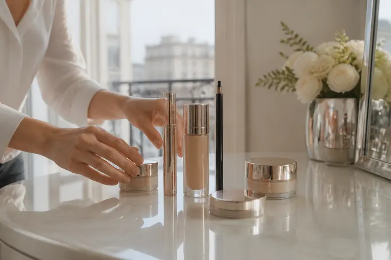 Une sélection de produits Luma Cosmetics, dont un eyeliner et un fond de teint, présentés sur une coiffeuse élégante dans un appartement parisien lumineux.