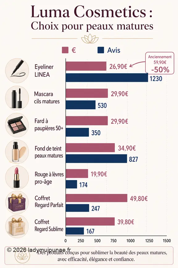 Graphique comparatif des prix et du nombre d'avis pour les produits Luma Cosmetics destinés aux peaux matures.