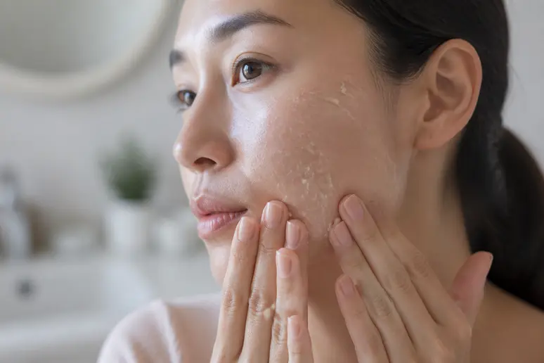 Une femme masse délicatement un produit exfoliant sur sa joue, montrant la formation de petites boulettes révélatrices.