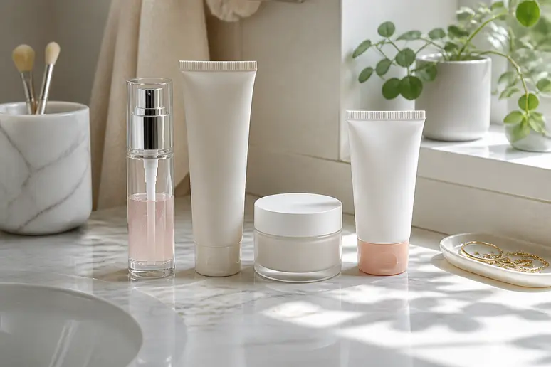 Vue de dessus d'une routine beauté : nettoyant doux, Lumeva Peel Shot, hydratant et crème solaire disposés harmonieusement.