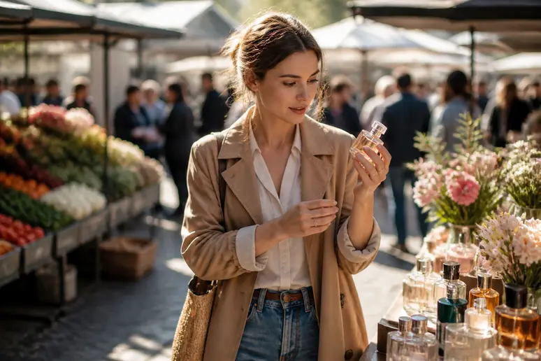 Une Parisienne flâne au marché, découvrant avec curiosité une fragrance évoquant la gourmandise fruitée et florale.