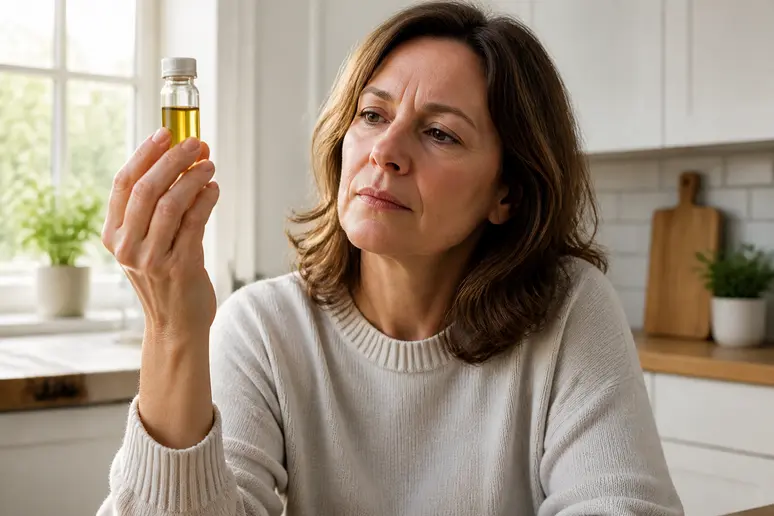 Une femme d'âge moyen examine attentivement une bouteille de complément liquide Lyphea dans sa cuisine, préoccupée par les résultats attendus.