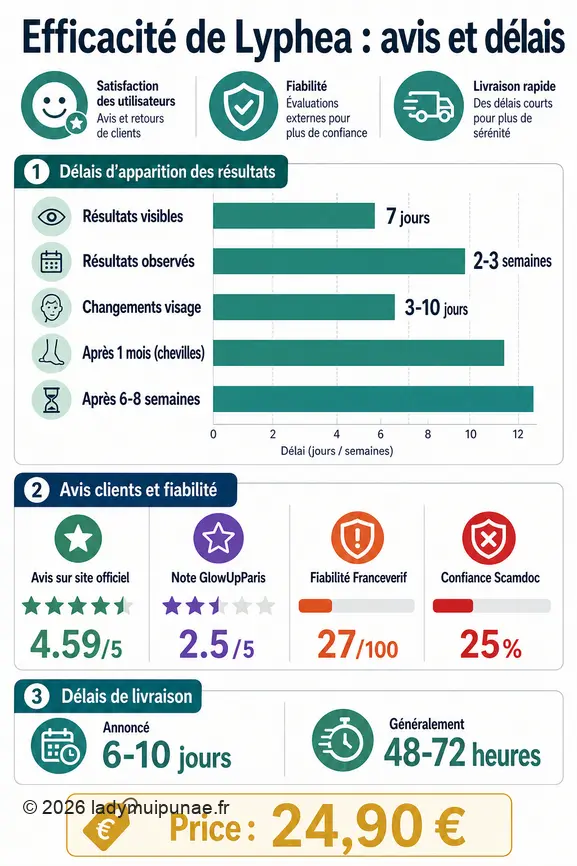 Infographie comparant les délais d'efficacité de Lyphea, les avis clients et les notes de fiabilité.
