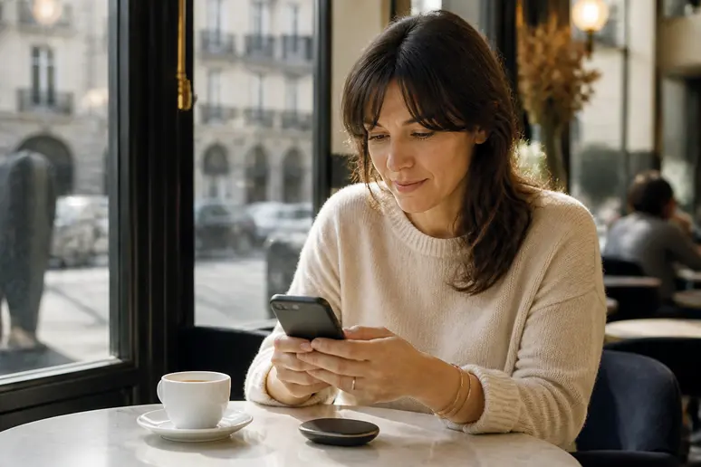 Une femme examinant son téléphone avec un appareil électronique posé sur la table dans un café parisien lumineux.