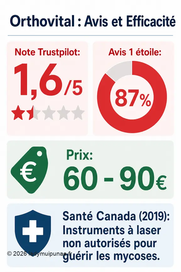 Infographie montrant la faible note de l'appareil Orthovital, son prix, et une information sur les lasers et les mycoses.