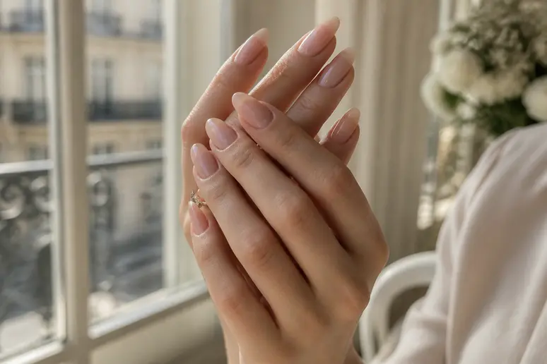 Mains d'une femme avec des ongles longs et parfaitement façonnés, démontrant le rendu naturel et soigné de la pose américaine.