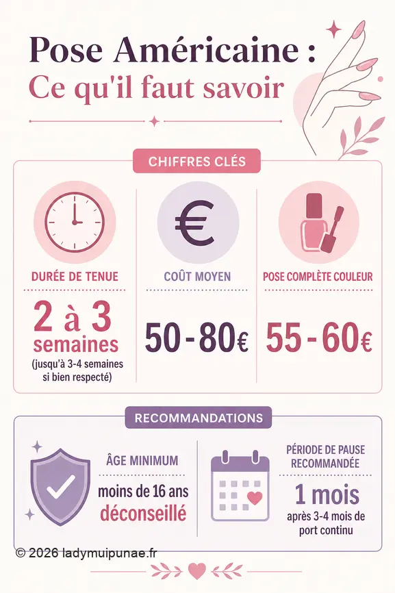 Infographie résumant la durée, le coût et les recommandations pour la pose américaine d'ongles.