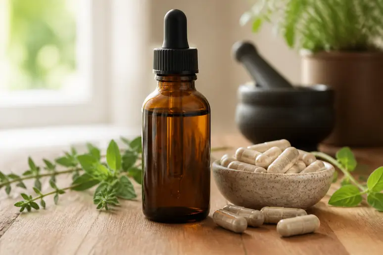 Flacon de complément alimentaire Amaora OregaPlus posé sur une table en bois clair