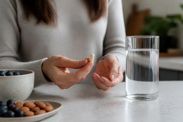 Gélule de complément alimentaire prête à être prise avec un grand verre d'eau