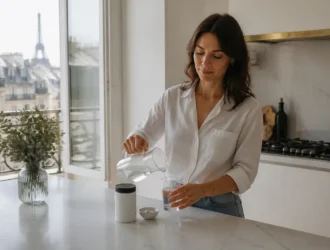 Une femme dans sa cuisine prépare sa routine bien-être avec Amaora OregaPlus avis