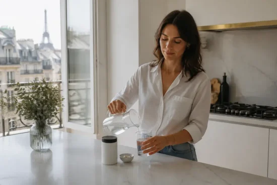 Une femme dans sa cuisine prépare sa routine bien-être avec Amaora OregaPlus avis