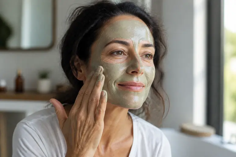 Femme appliquant un masque d'argile verte, découvrant les bienfaits de l'argile verte.